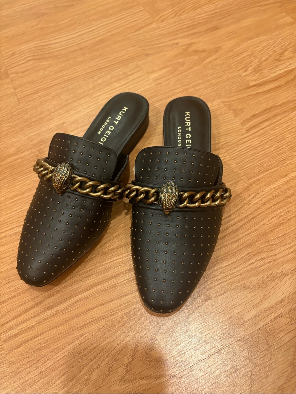 Kurt Geiger Black Perforated Leather Chain-Trim Mule